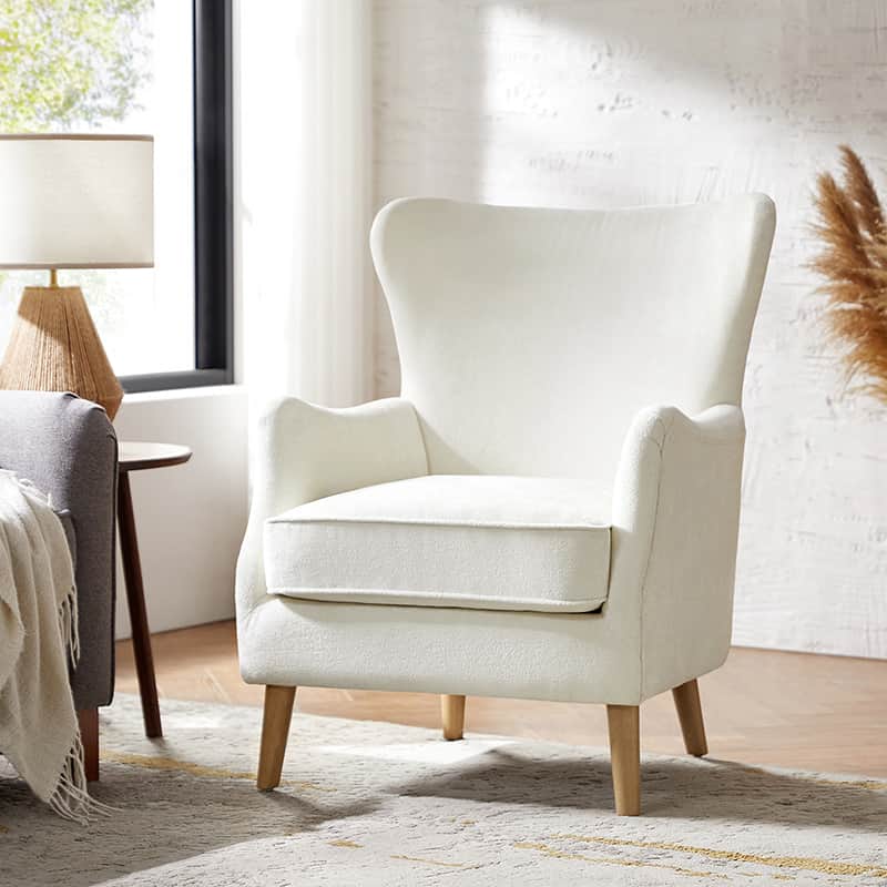 Fauteuil à oreilles avec accoudoirs encastrés, coussin amovible, garnissage en mousse et pieds en hévéa | Blanc / Ivoire / Gris / Chameau | Siège unique