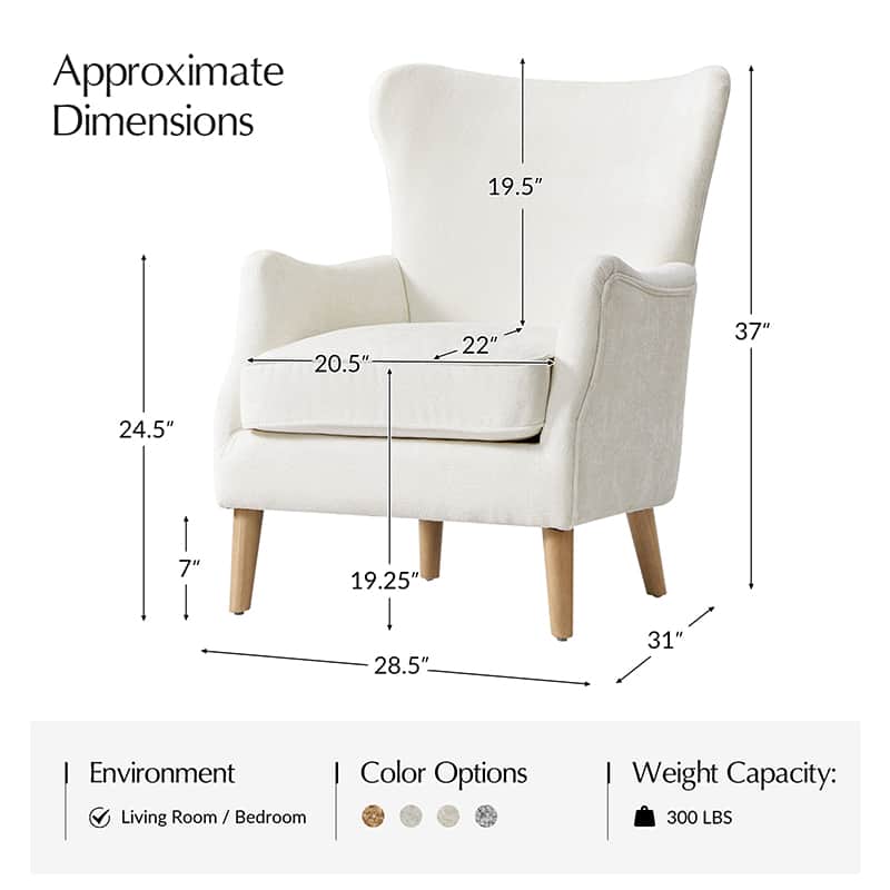 Fauteuil à oreilles avec accoudoirs encastrés, coussin amovible, garnissage en mousse et pieds en hévéa | Blanc / Ivoire / Gris / Chameau | Siège unique