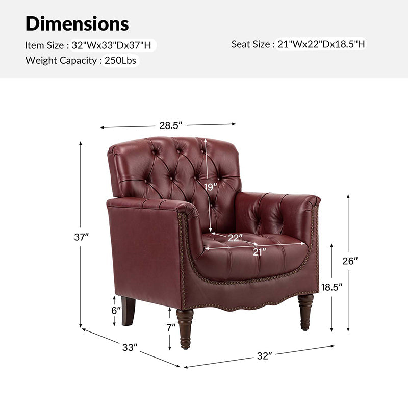 Fauteuil capitonné en cuir véritable avec clous décoratifs, assise en ressorts et mousse et pieds tournés en bois massif marron | Camel / Bordeaux / Noir / Beige / Marron / Marine | Monoplace