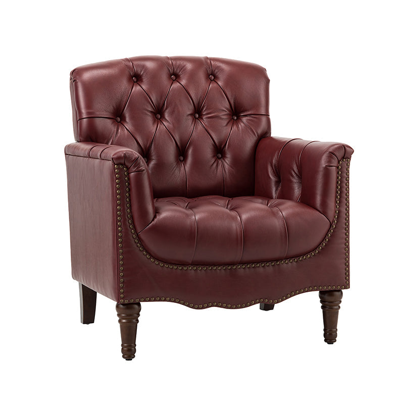 Fauteuil capitonné en cuir véritable avec clous décoratifs, assise en ressorts et mousse et pieds tournés en bois massif marron | Camel / Bordeaux / Noir / Beige / Marron / Marine | Monoplace