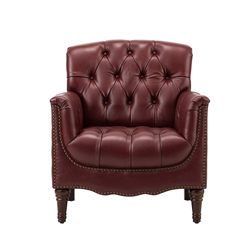 Fauteuil capitonné en cuir véritable avec clous décoratifs, assise en ressorts et mousse et pieds tournés en bois massif marron | Camel / Bordeaux / Noir / Beige / Marron / Marine | Monoplace