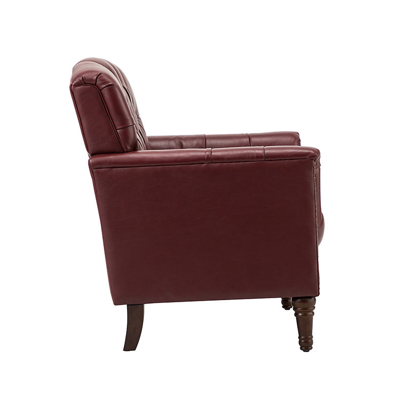 Fauteuil capitonné en cuir véritable avec clous décoratifs, assise en ressorts et mousse et pieds tournés en bois massif marron | Camel / Bordeaux / Noir / Beige / Marron / Marine | Monoplace