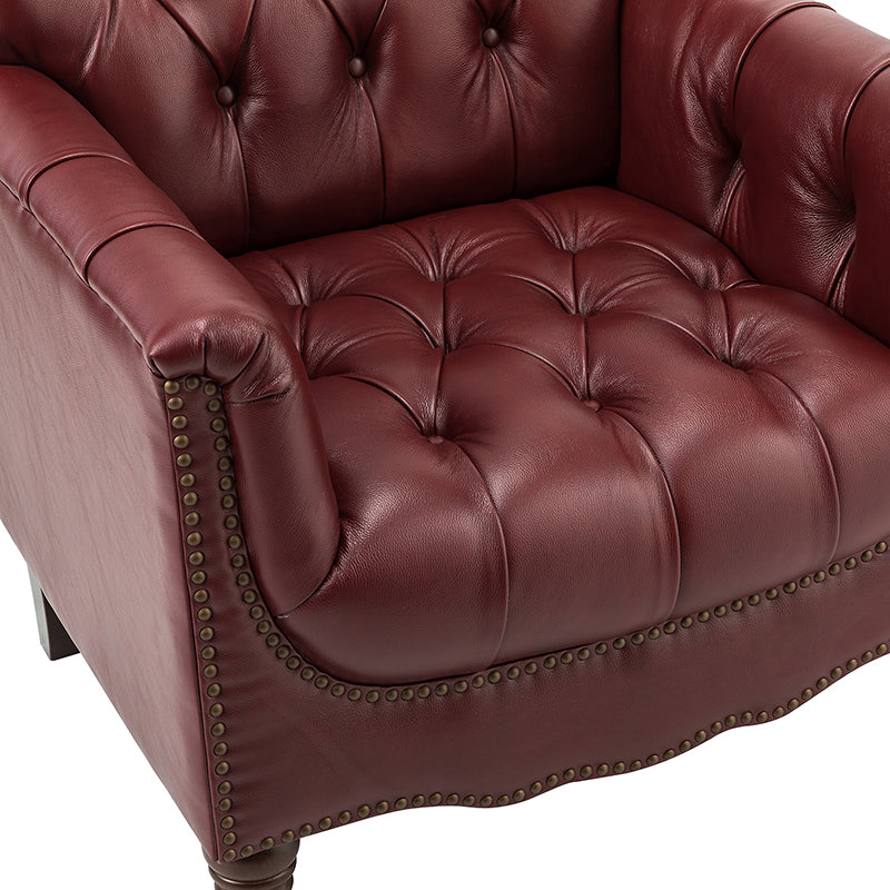 Fauteuil capitonné en cuir véritable avec clous décoratifs, assise en ressorts et mousse et pieds tournés en bois massif marron | Camel / Bordeaux / Noir / Beige / Marron / Marine | Monoplace