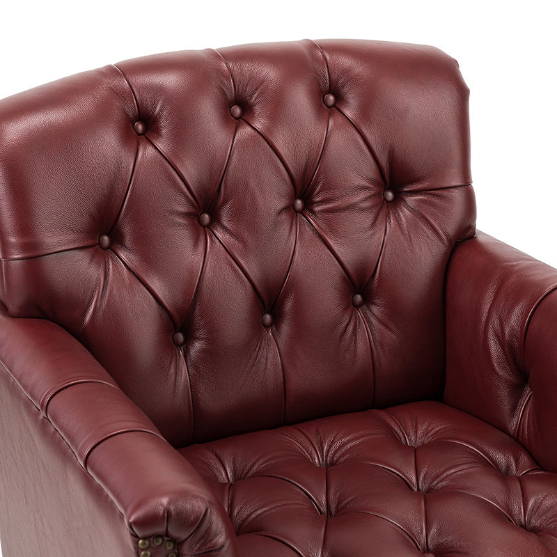 Fauteuil capitonné en cuir véritable avec clous décoratifs, assise en ressorts et mousse et pieds tournés en bois massif marron | Camel / Bordeaux / Noir / Beige / Marron / Marine | Monoplace