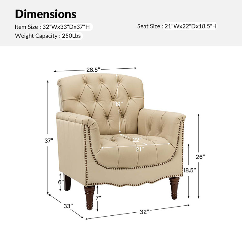 Fauteuil capitonné en cuir véritable avec clous décoratifs, assise en ressorts et mousse et pieds tournés en bois massif marron | Camel / Bordeaux / Noir / Beige / Marron / Marine | Monoplace