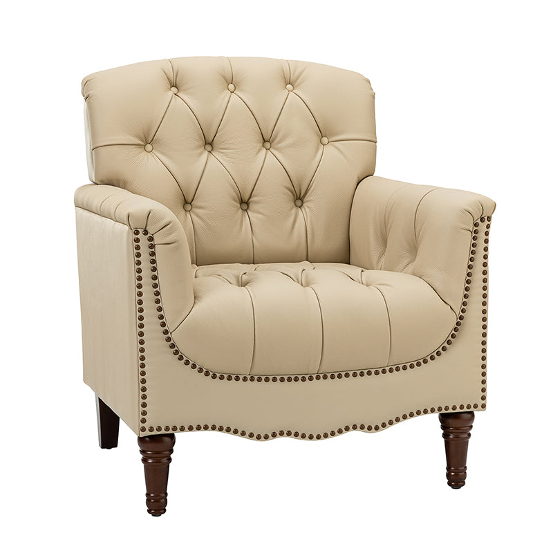 Fauteuil capitonné en cuir véritable avec clous décoratifs, assise en ressorts et mousse et pieds tournés en bois massif marron | Camel / Bordeaux / Noir / Beige / Marron / Marine | Monoplace