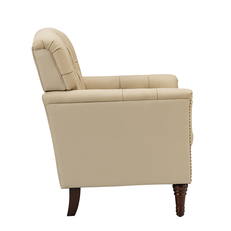 Fauteuil capitonné en cuir véritable avec clous décoratifs, assise en ressorts et mousse et pieds tournés en bois massif marron | Camel / Bordeaux / Noir / Beige / Marron / Marine | Monoplace