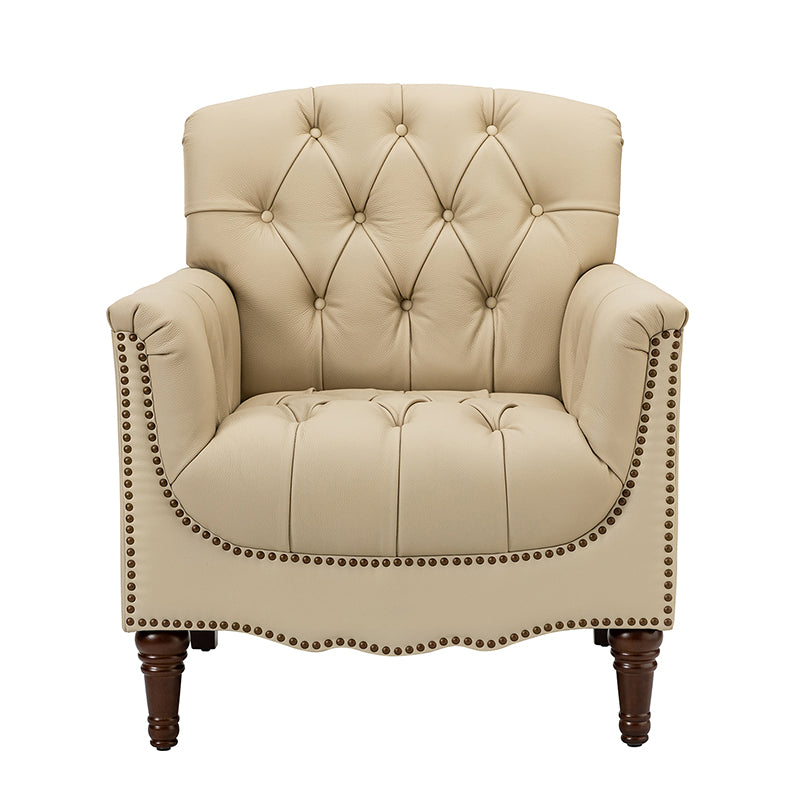 Fauteuil capitonné en cuir véritable avec clous décoratifs, assise en ressorts et mousse et pieds tournés en bois massif marron | Camel / Bordeaux / Noir / Beige / Marron / Marine | Monoplace