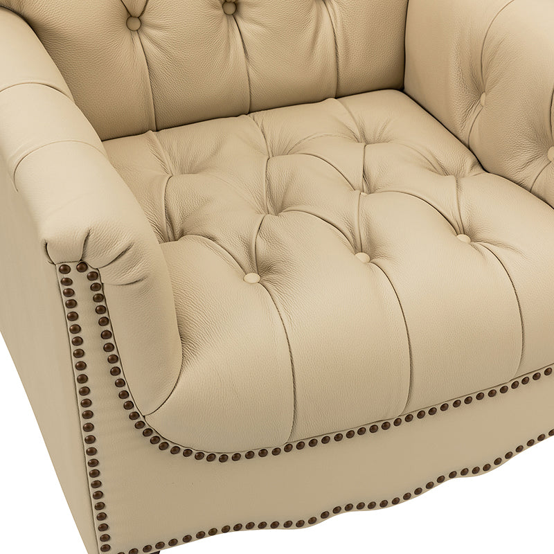Fauteuil capitonné en cuir véritable avec clous décoratifs, assise en ressorts et mousse et pieds tournés en bois massif marron | Camel / Bordeaux / Noir / Beige / Marron / Marine | Monoplace