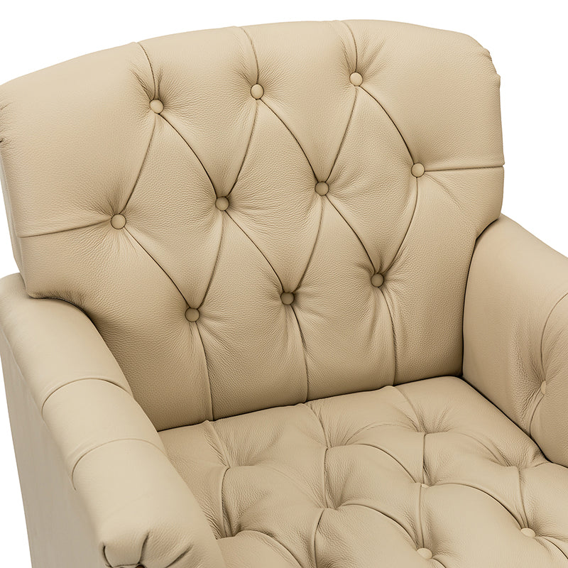 Fauteuil capitonné en cuir véritable avec clous décoratifs, assise en ressorts et mousse et pieds tournés en bois massif marron | Camel / Bordeaux / Noir / Beige / Marron / Marine | Monoplace
