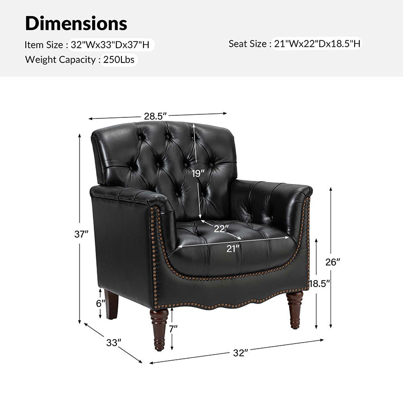 Fauteuil capitonné en cuir véritable avec clous décoratifs, assise en ressorts et mousse et pieds tournés en bois massif marron | Camel / Bordeaux / Noir / Beige / Marron / Marine | Monoplace