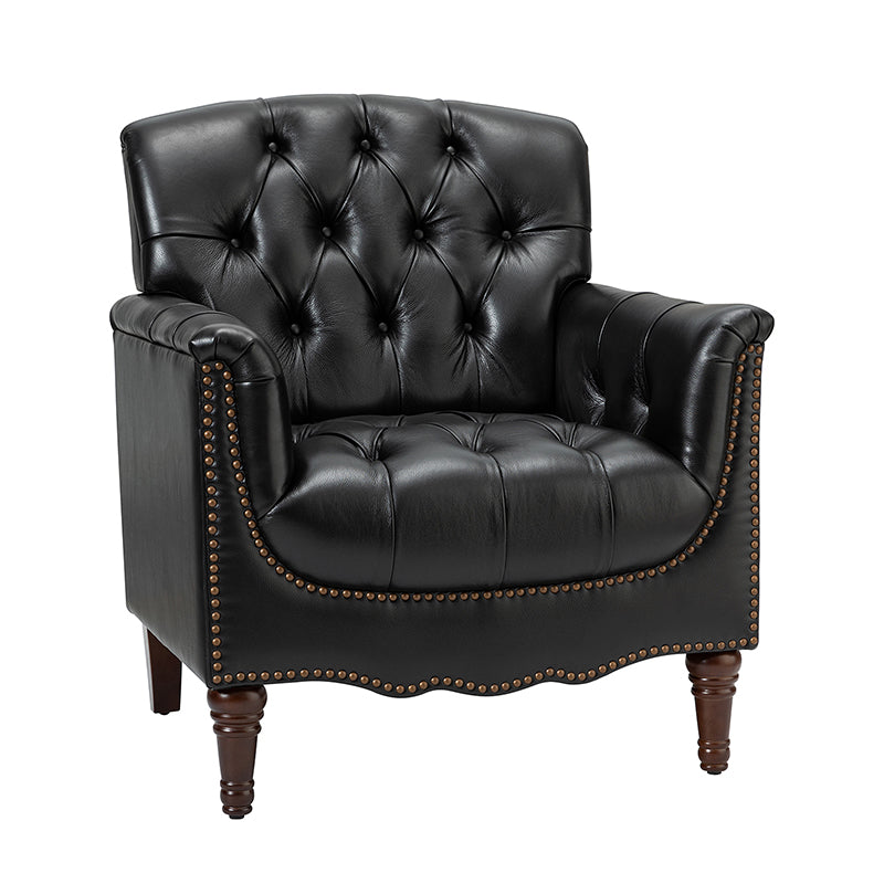 Fauteuil capitonné en cuir véritable avec clous décoratifs, assise en ressorts et mousse et pieds tournés en bois massif marron | Camel / Bordeaux / Noir / Beige / Marron / Marine | Monoplace
