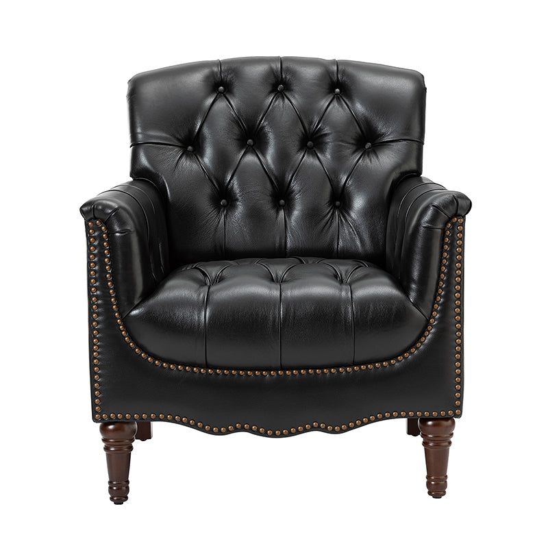 Fauteuil capitonné en cuir véritable avec clous décoratifs, assise en ressorts et mousse et pieds tournés en bois massif marron | Camel / Bordeaux / Noir / Beige / Marron / Marine | Monoplace