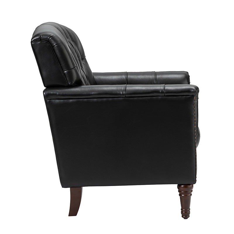 Fauteuil capitonné en cuir véritable avec clous décoratifs, assise en ressorts et mousse et pieds tournés en bois massif marron | Camel / Bordeaux / Noir / Beige / Marron / Marine | Monoplace