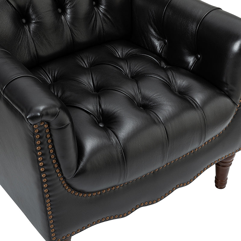 Fauteuil capitonné en cuir véritable avec clous décoratifs, assise en ressorts et mousse et pieds tournés en bois massif marron | Camel / Bordeaux / Noir / Beige / Marron / Marine | Monoplace