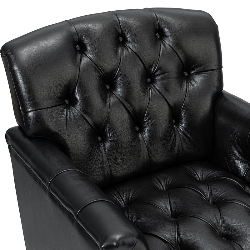 Fauteuil capitonné en cuir véritable avec clous décoratifs, assise en ressorts et mousse et pieds tournés en bois massif marron | Camel / Bordeaux / Noir / Beige / Marron / Marine | Monoplace