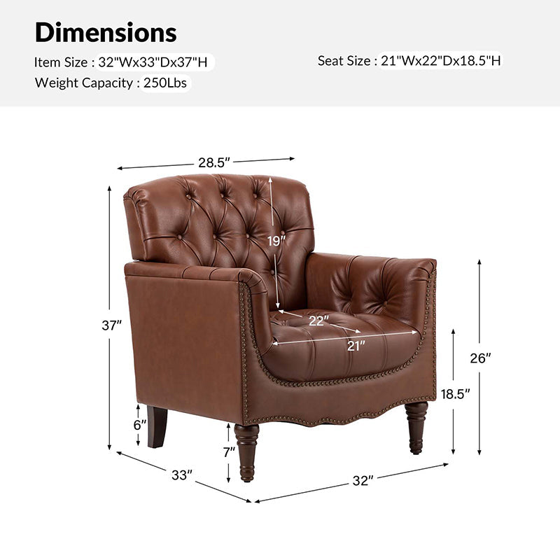 Fauteuil capitonné en cuir véritable avec clous décoratifs, assise en ressorts et mousse et pieds tournés en bois massif marron | Camel / Bordeaux / Noir / Beige / Marron / Marine | Monoplace