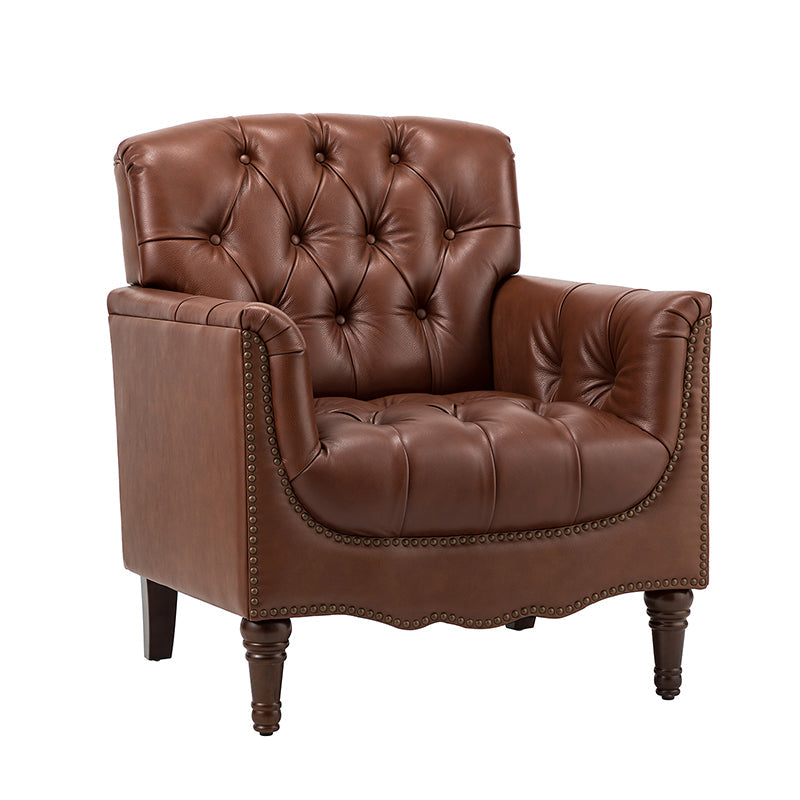 Fauteuil capitonné en cuir véritable avec clous décoratifs, assise en ressorts et mousse et pieds tournés en bois massif marron | Camel / Bordeaux / Noir / Beige / Marron / Marine | Monoplace