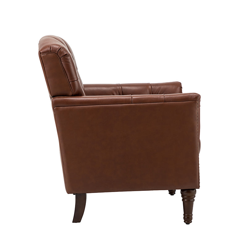 Fauteuil capitonné en cuir véritable avec clous décoratifs, assise en ressorts et mousse et pieds tournés en bois massif marron | Camel / Bordeaux / Noir / Beige / Marron / Marine | Monoplace