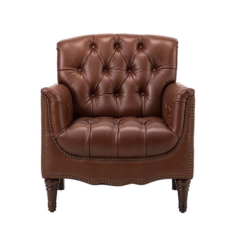 Fauteuil capitonné en cuir véritable avec clous décoratifs, assise en ressorts et mousse et pieds tournés en bois massif marron | Camel / Bordeaux / Noir / Beige / Marron / Marine | Monoplace