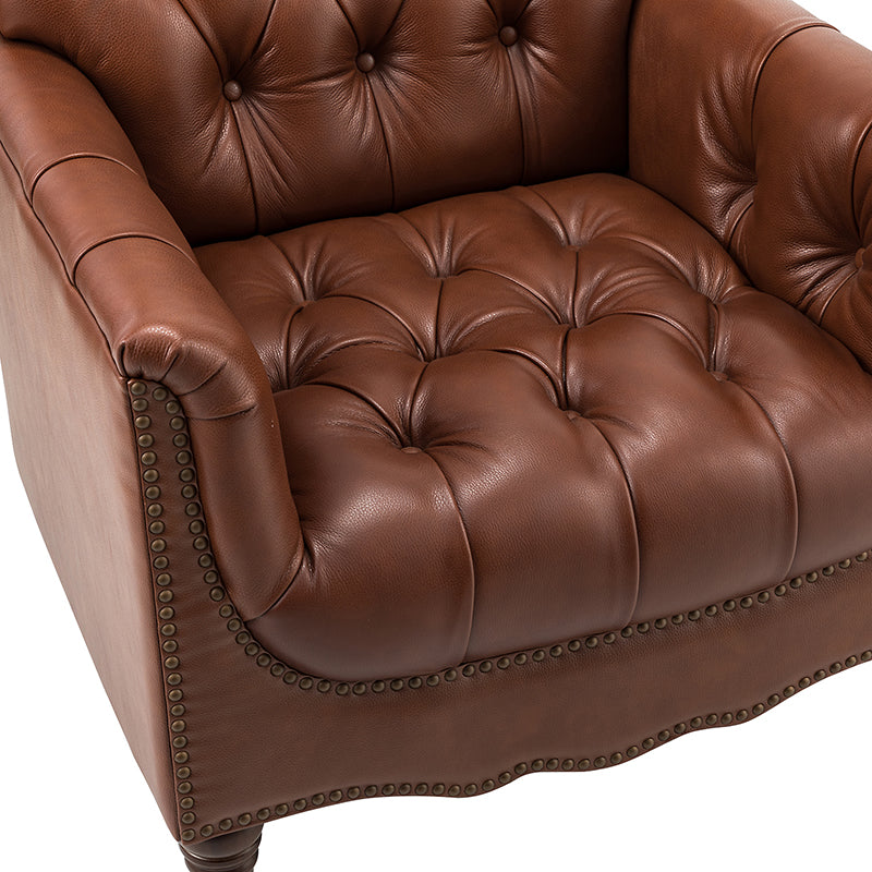 Fauteuil capitonné en cuir véritable avec clous décoratifs, assise en ressorts et mousse et pieds tournés en bois massif marron | Camel / Bordeaux / Noir / Beige / Marron / Marine | Monoplace