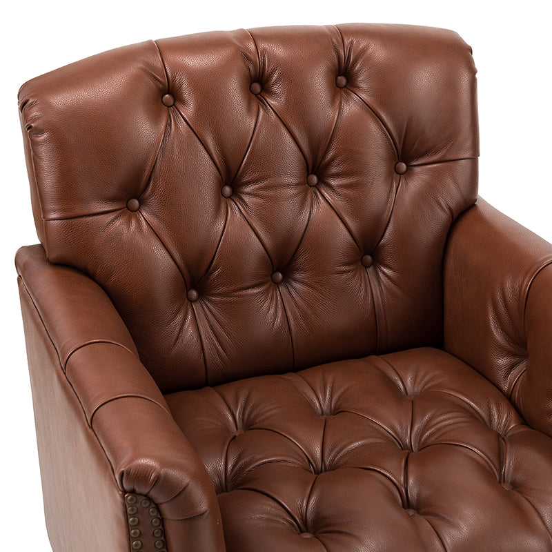 Fauteuil capitonné en cuir véritable avec clous décoratifs, assise en ressorts et mousse et pieds tournés en bois massif marron | Camel / Bordeaux / Noir / Beige / Marron / Marine | Monoplace