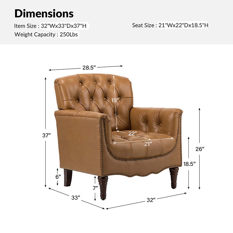 Fauteuil capitonné en cuir véritable avec clous décoratifs, assise en ressorts et mousse et pieds tournés en bois massif marron | Camel / Bordeaux / Noir / Beige / Marron / Marine | Monoplace