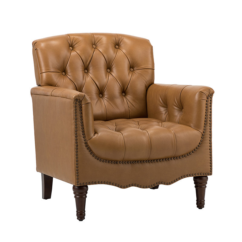 Fauteuil capitonné en cuir véritable avec clous décoratifs, assise en ressorts et mousse et pieds tournés en bois massif marron | Camel / Bordeaux / Noir / Beige / Marron / Marine | Monoplace