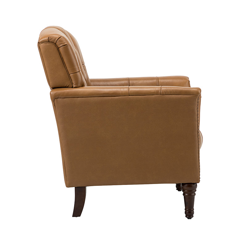 Fauteuil capitonné en cuir véritable avec clous décoratifs, assise en ressorts et mousse et pieds tournés en bois massif marron | Camel / Bordeaux / Noir / Beige / Marron / Marine | Monoplace