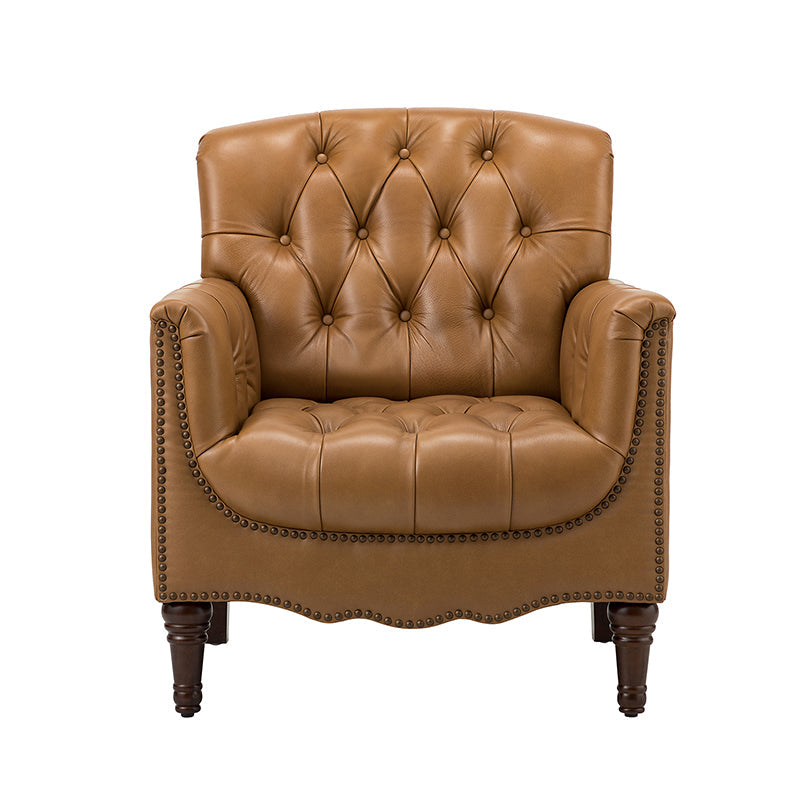 Fauteuil capitonné en cuir véritable avec clous décoratifs, assise en ressorts et mousse et pieds tournés en bois massif marron | Camel / Bordeaux / Noir / Beige / Marron / Marine | Monoplace
