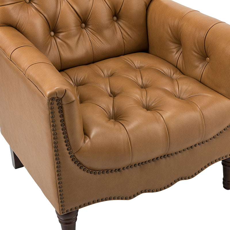 Fauteuil capitonné en cuir véritable avec clous décoratifs, assise en ressorts et mousse et pieds tournés en bois massif marron | Camel / Bordeaux / Noir / Beige / Marron / Marine | Monoplace