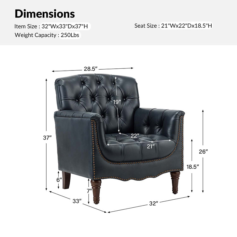 Fauteuil capitonné en cuir véritable avec clous décoratifs, assise en ressorts et mousse et pieds tournés en bois massif marron | Camel / Bordeaux / Noir / Beige / Marron / Marine | Monoplace
