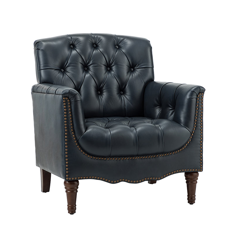 Fauteuil capitonné en cuir véritable avec clous décoratifs, assise en ressorts et mousse et pieds tournés en bois massif marron | Camel / Bordeaux / Noir / Beige / Marron / Marine | Monoplace
