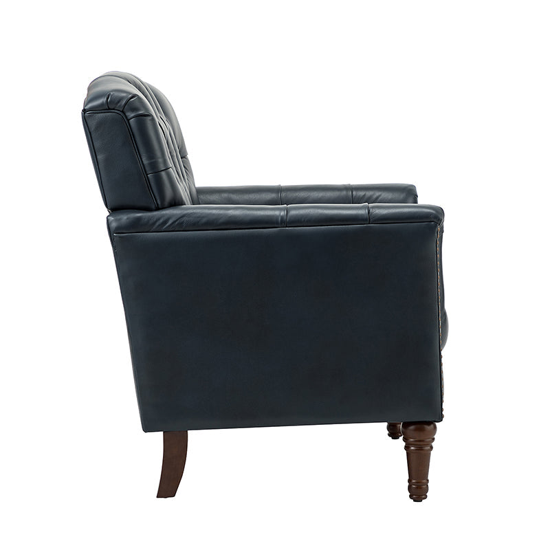 Fauteuil capitonné en cuir véritable avec clous décoratifs, assise en ressorts et mousse et pieds tournés en bois massif marron | Camel / Bordeaux / Noir / Beige / Marron / Marine | Monoplace