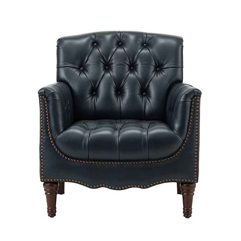 Fauteuil capitonné en cuir véritable avec clous décoratifs, assise en ressorts et mousse et pieds tournés en bois massif marron | Camel / Bordeaux / Noir / Beige / Marron / Marine | Monoplace