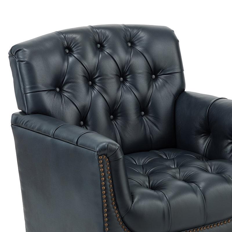 Fauteuil capitonné en cuir véritable avec clous décoratifs, assise en ressorts et mousse et pieds tournés en bois massif marron | Camel / Bordeaux / Noir / Beige / Marron / Marine | Monoplace