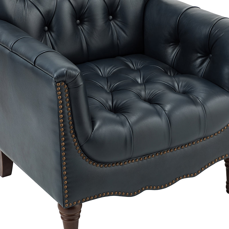 Fauteuil capitonné en cuir véritable avec clous décoratifs, assise en ressorts et mousse et pieds tournés en bois massif marron | Camel / Bordeaux / Noir / Beige / Marron / Marine | Monoplace