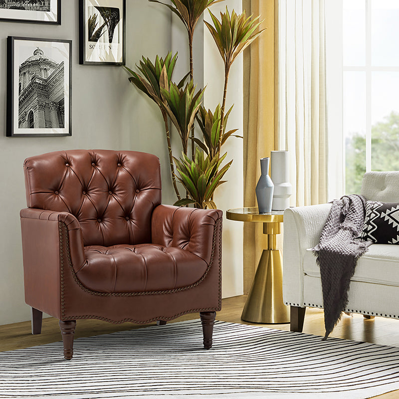 Fauteuil capitonné en cuir véritable avec clous décoratifs, assise en ressorts et mousse et pieds tournés en bois massif marron | Camel / Bordeaux / Noir / Beige / Marron / Marine | Monoplace