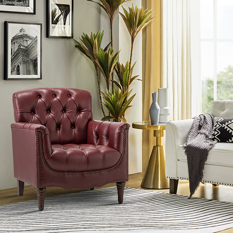 Fauteuil capitonné en cuir véritable avec clous décoratifs, assise en ressorts et mousse et pieds tournés en bois massif marron | Camel / Bordeaux / Noir / Beige / Marron / Marine | Monoplace