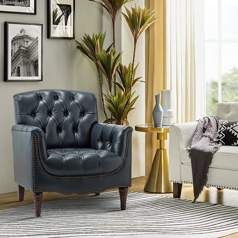 Fauteuil capitonné en cuir véritable avec clous décoratifs, assise en ressorts et mousse et pieds tournés en bois massif marron | Camel / Bordeaux / Noir / Beige / Marron / Marine | Monoplace