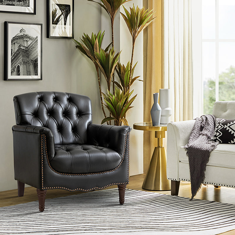 Fauteuil capitonné en cuir véritable avec clous décoratifs, assise en ressorts et mousse et pieds tournés en bois massif marron | Camel / Bordeaux / Noir / Beige / Marron / Marine | Monoplace