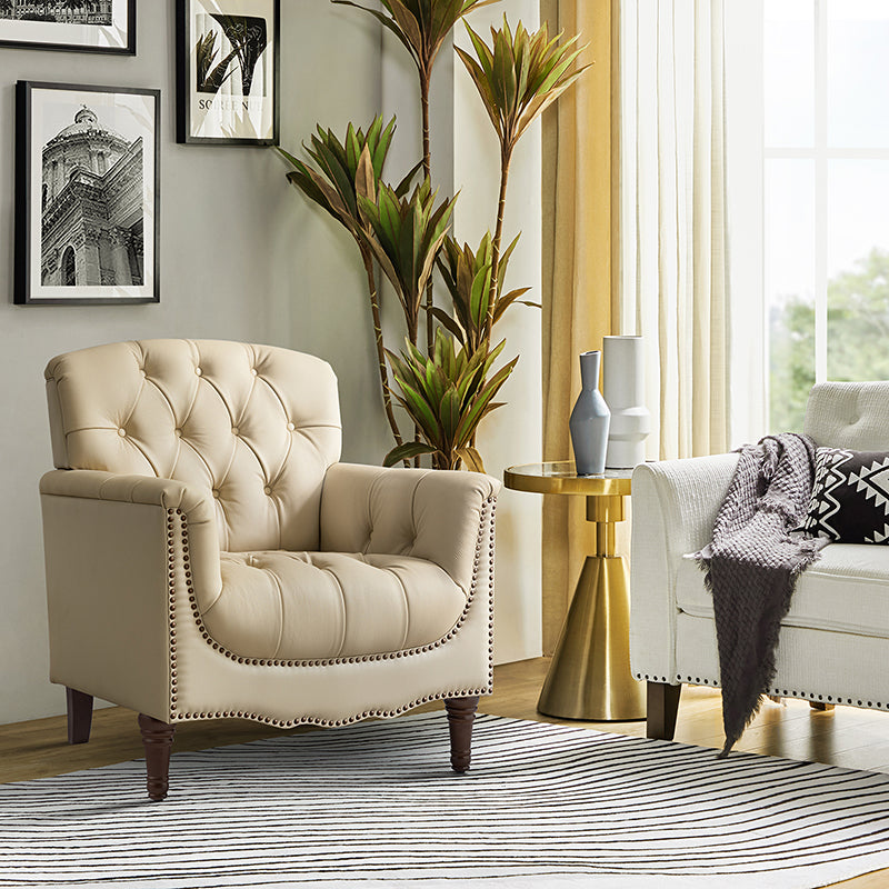 Fauteuil capitonné en cuir véritable avec clous décoratifs, assise en ressorts et mousse et pieds tournés en bois massif marron | Camel / Bordeaux / Noir / Beige / Marron / Marine | Monoplace