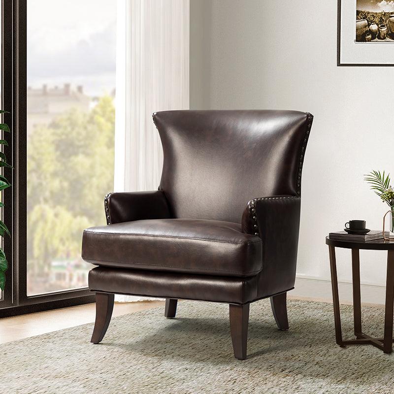 Fauteuil à dossier haut en cuir végétalien avec garniture cloutée et pieds incurvés en bois massif | Camel / Marron / Turquoise | Un seul siège