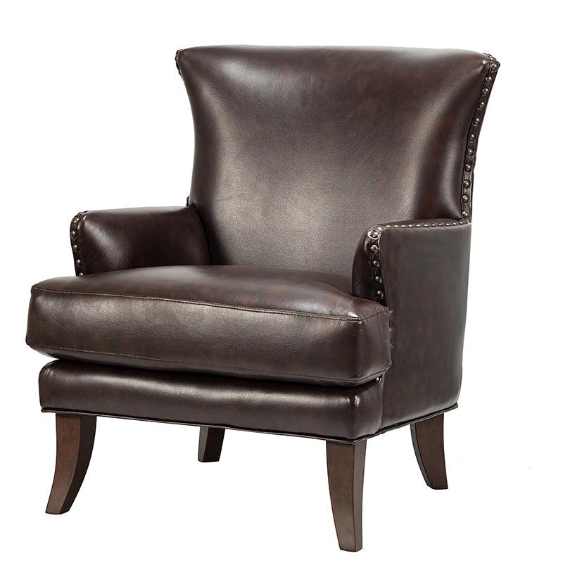 Fauteuil à dossier haut en cuir végétalien avec garniture cloutée et pieds incurvés en bois massif | Camel / Marron / Turquoise | Un seul siège