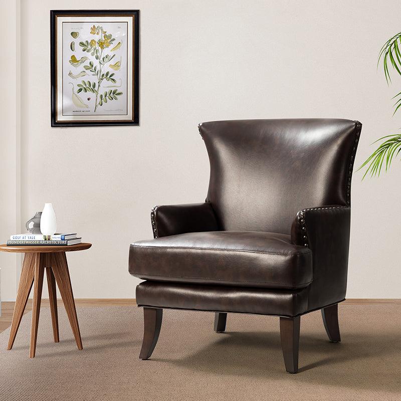 Fauteuil à dossier haut en cuir végétalien avec garniture cloutée et pieds incurvés en bois massif | Camel / Marron / Turquoise | Un seul siège