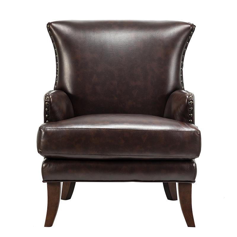Fauteuil à dossier haut en cuir végétalien avec garniture cloutée et pieds incurvés en bois massif | Camel / Marron / Turquoise | Un seul siège