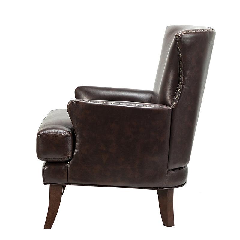 Fauteuil à dossier haut en cuir végétalien avec garniture cloutée et pieds incurvés en bois massif | Camel / Marron / Turquoise | Un seul siège