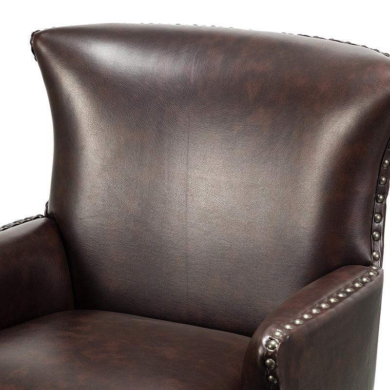 Fauteuil à dossier haut en cuir végétalien avec garniture cloutée et pieds incurvés en bois massif | Camel / Marron / Turquoise | Un seul siège