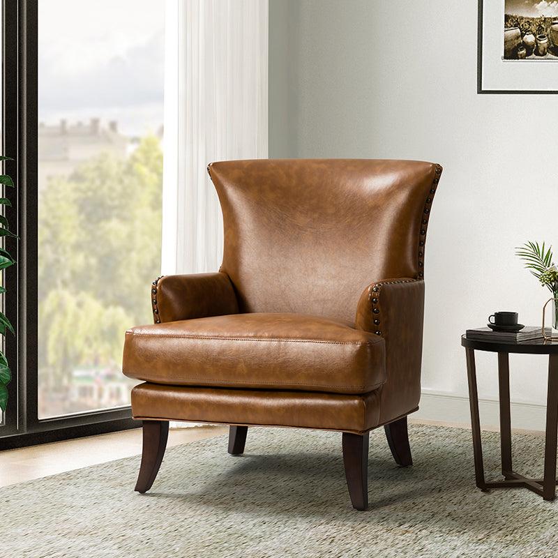 Fauteuil à dossier haut en cuir végétalien avec garniture cloutée et pieds incurvés en bois massif | Camel / Marron / Turquoise | Un seul siège