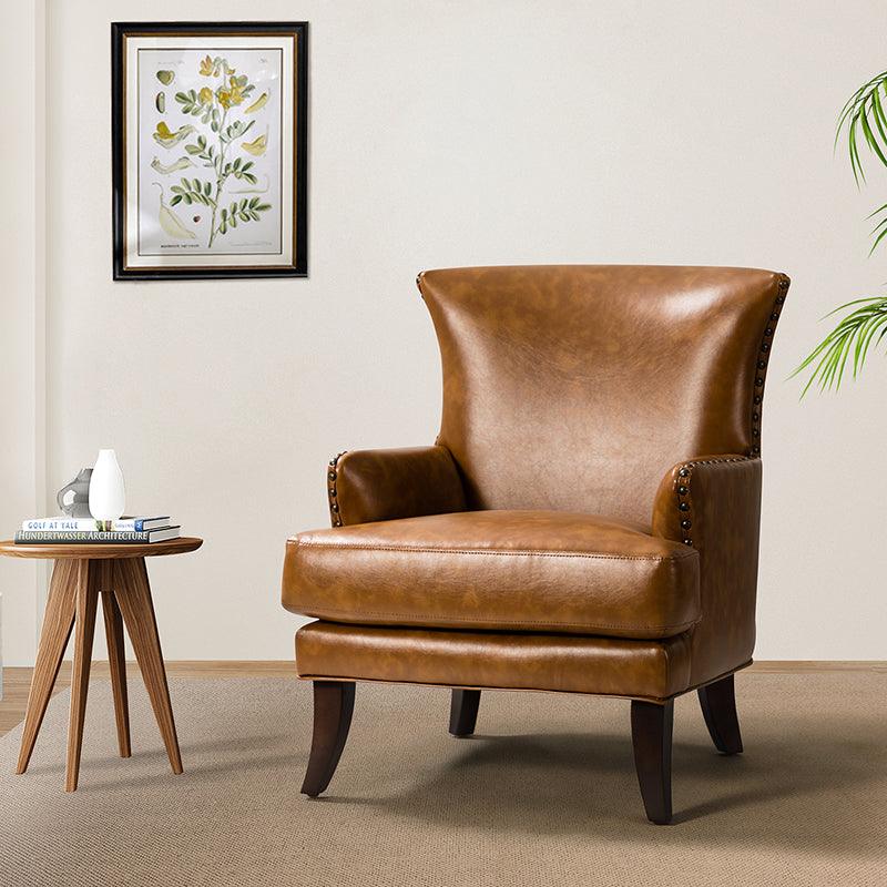 Fauteuil à dossier haut en cuir végétalien avec garniture cloutée et pieds incurvés en bois massif | Camel / Marron / Turquoise | Un seul siège
